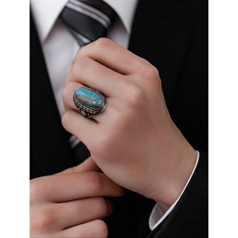 Southwest Oval Turquoise Sterling Silver Men's Ring - Stamped Accent